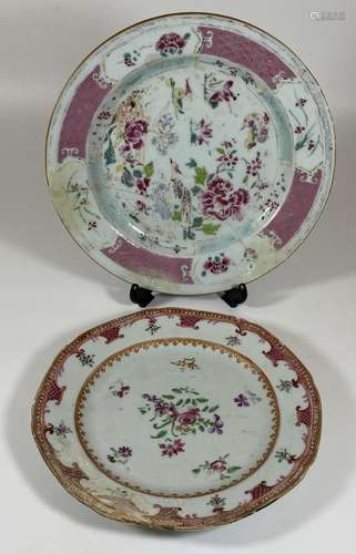 TWO 18TH CENTURY CHINESE FAMILLE ROSE PORCELAIN PLATES, LARG...