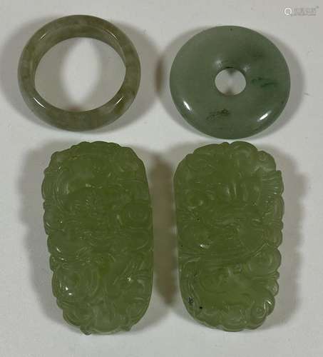 A GROUP OF FOUR CHINESE JADEITE JADE STYLE ITEMS - TWO CARVE...