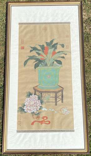 A LARGE FRAMED ORIENTAL SILK PAINTING OF A VASE ON STAND, SI...