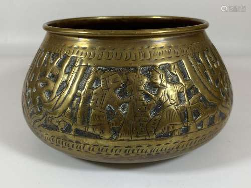 A VINTAGE MIDDLE EASTERN BRASS BOWL WITH FIGURES AND ANIMAL ...