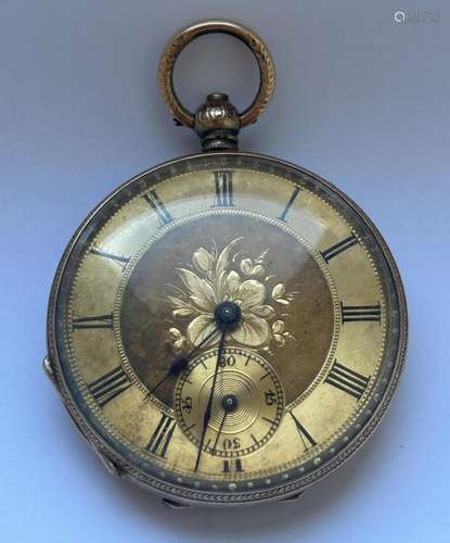 A 14CT GOLD LADIES OPEN FACED POCKET WATCH WITH A SUB SECOND...