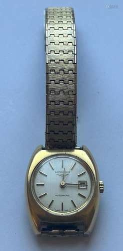 A LONGINES LADIES GOLD PLATED AUTOMATIC WRIST WATCH WITH DAT...