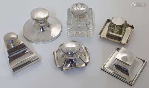 A group of six silver and silver mounted inkwells, comprisin...