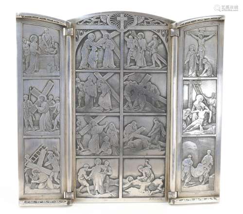 A French silver plated triptych icon depicting the fourteen ...