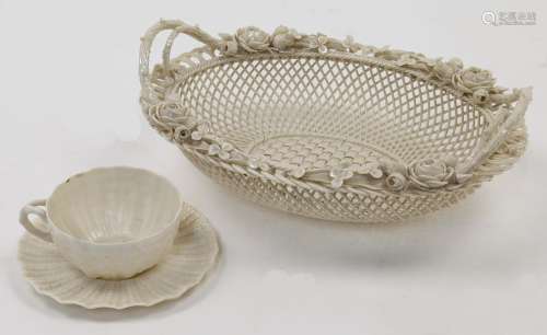 A Belleek china basket, of oval form, with a three strand la...
