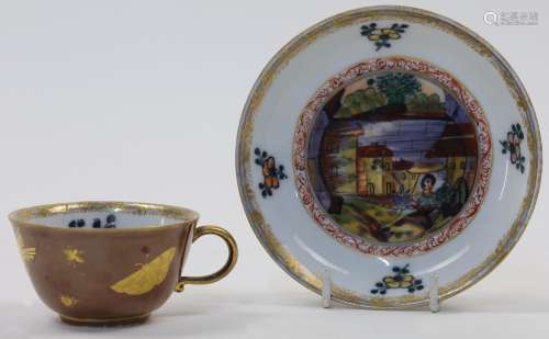 A rare Meissen Hausmaler teacup and saucer, the porcelain c....