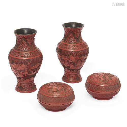 A group of four Chinese cinnabar lacquer vessels, late Qing ...