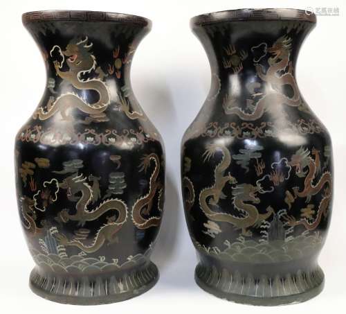 A pair of large Chinese black lacquer baluster vases, early ...
