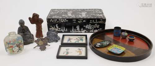 A Korean mother of pearl inlaid black lacquered box and cove...