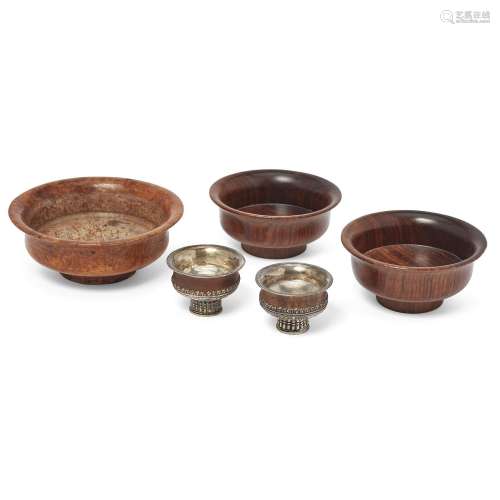 Five Tibetan wood bowls, late 19th - 20th century, ji xiang ...