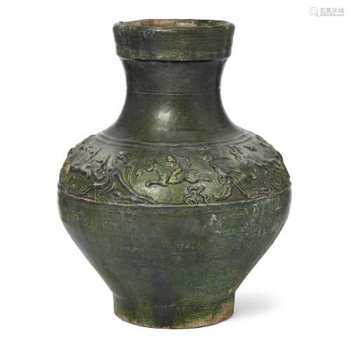 A Chinese lead green-glazed moulded vase, Han dynasty, mould...