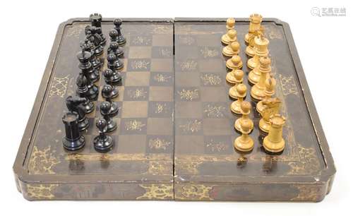 A boxwood Staunton composite chess set, red crown stamp to o...