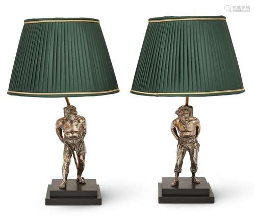 Two silvered brass figural table lamps, 20th century, each f...