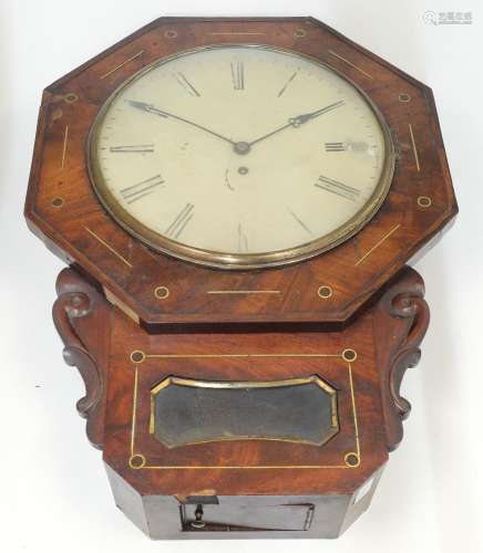 A William IV mahogany and brass inlaid drop dial wall clock,...