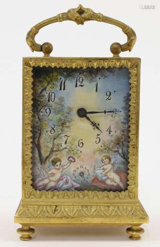 A French gilt-brass mantel timepiece, the case with relief s...
