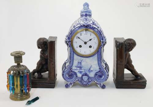 A Delftware mantel clock, early 20th century, the case of ar...