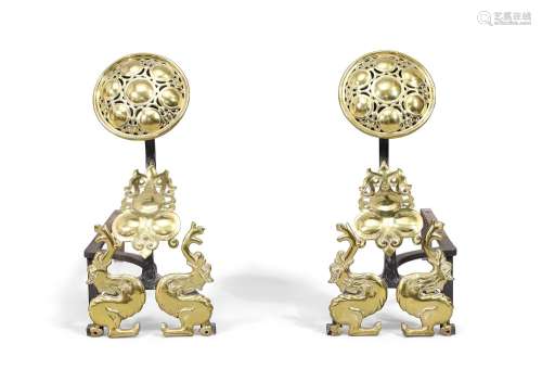 A pair of Victorian brass andirons, of 17th century-style, l...