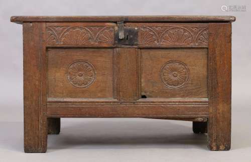 An English oak coffer, 17th century, with fitted candle box ...