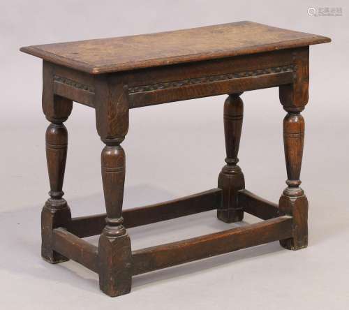 An English oak joint stool, 17th century, rectangular top ab...