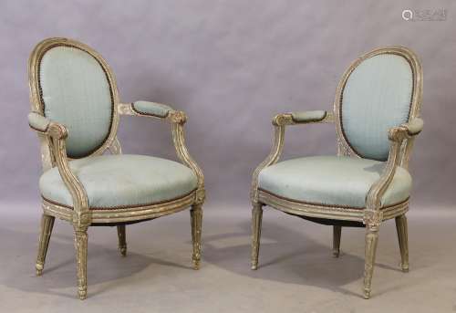 A near pair of French painted beech fauteuil, Louis XVI styl...