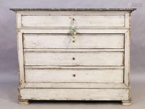 A French white painted beech commode, 19th century, with mar...