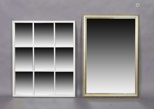 A modern white painted mirror, 87cm x 72cm, together with on...