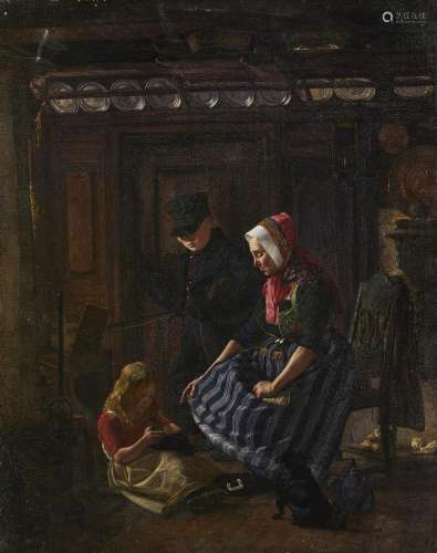 Johan Frederik Busch, Danish 1825-1883- Family in a cottage ...
