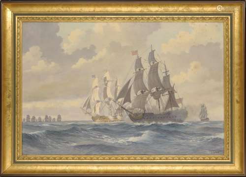 Kenneth Jepson, British 1932-1998- Battle ships in stormy se...