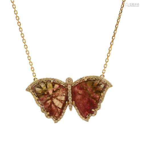 14K DIA. & TOURMALINE "BUTTERFLY" NECKLACE