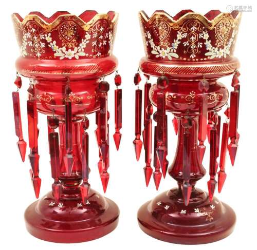 GOOD PAIR OF RUBY RED GLASS MANTLE LUSTERS