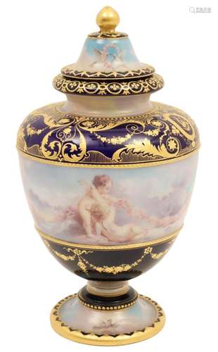 FRENCH COBALT AND GILT PORCELAIN CAPPED URN