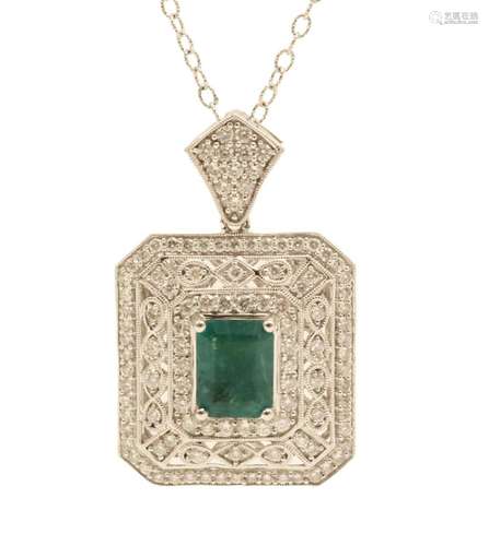 18K WG EMERALD & DIAMOND PENDANT NECKLACE