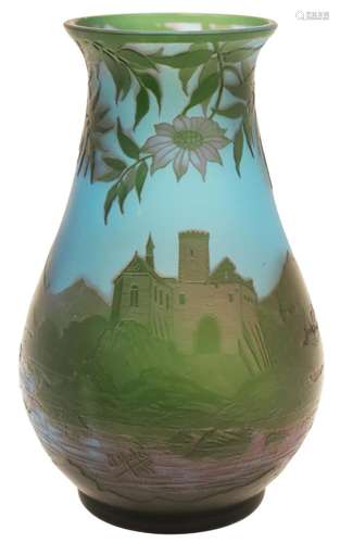 FRENCH CAMEO ART GLASS SCENIC VASE, J. MICHEL