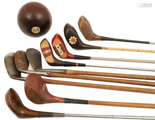 9 ANTIQUE AND VINTAGE GOLF CLUBS WITH LAWN BALL