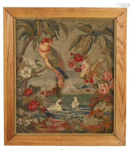 ANTIQUE NEEDLEPOINT OF BIRDS IN EXOTIC LANDSCAPE