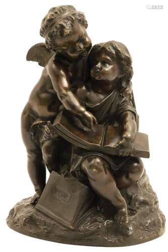 BRONZE SCULPTURE OF CUPID AND CHILD, SIGNED MOREAU