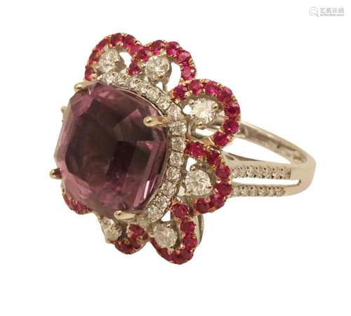 18K KUNZITE, RUBY AND DIAMOND RING