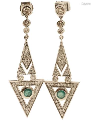 PR. OF 14K ART DECO STYLE EMERALD & DIA. EARRINGS