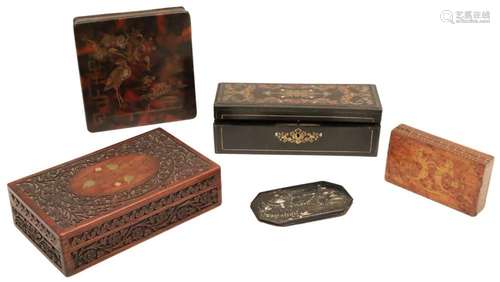 GROUP OF 5 INLAID WOOD AND LACQUER BOXES