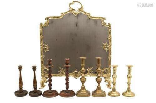 4 PRS OF ENGLISH CANDLESTICKS AND FIRE SCREEN