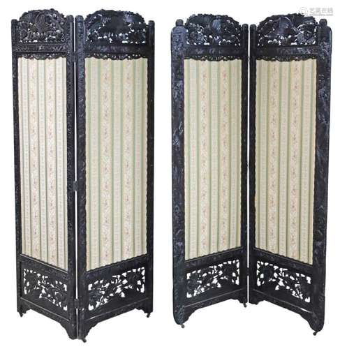 CHINESE 4 PANEL CARVED EBONY WOOD SCREEN