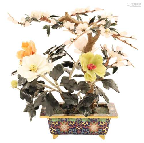 CHINESE JADE BONSAI TREE W/ CLOISONNE PLANTER