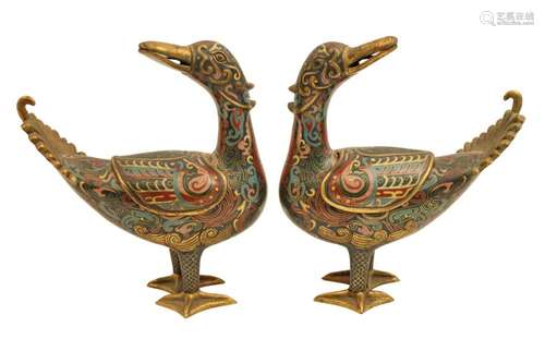 PAIR OF CHINESE CLOISONNE ENAMEL DUCK VESSELS