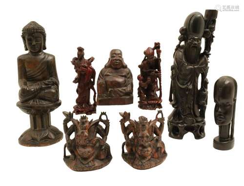 GROUP OF 8 ORIENTAL CARVED HARDWOOD SCULPTURES