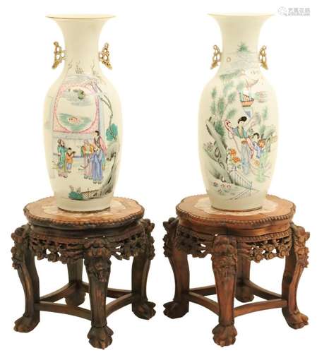 PR. REPUBLIC PERIOD PORC. VASES ON TEAKWOOD STANDS