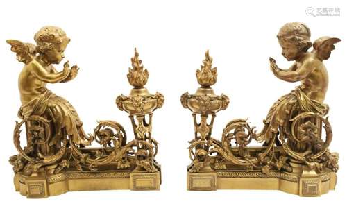 IMPRESSIVE FRENCH GILT BRONZE 17" CHENETS