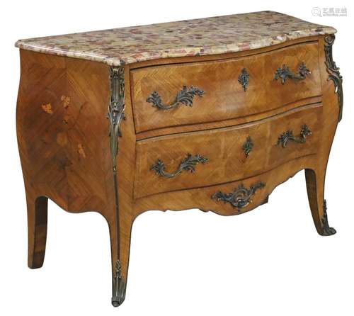 LOUIS XV STYLE MARQUETRY INLAID M/TOP COMMODE