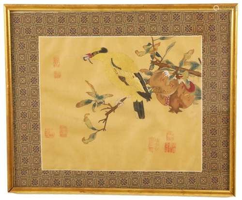 CHINESE PAINTING ON SILK OF BIRD AND PEACH BLOSSUM