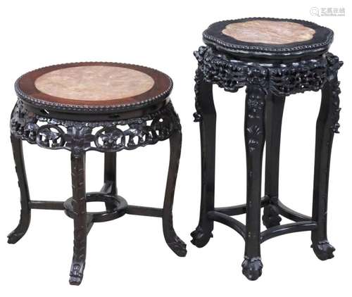 2 CHINESE MARBLE AND CARVED TEAKWOOD PEDESTALS