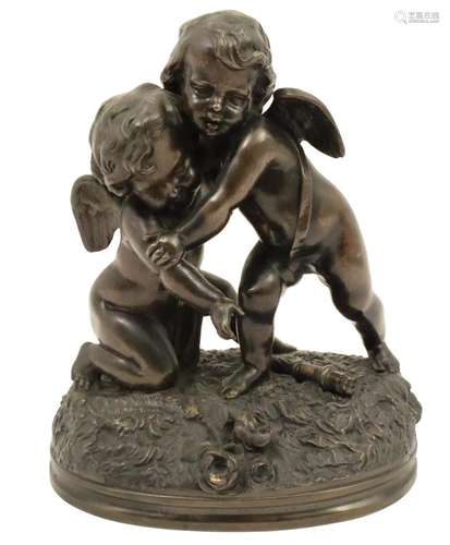 SIGNED ANTIQUE BRONZE SCULPTURE OF TWO CUPIDS